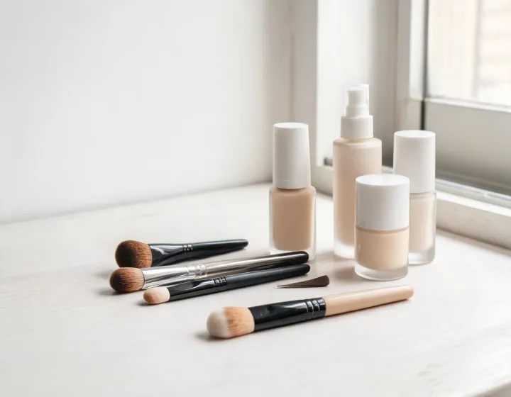 Foundation Brush Sourcing on a cosmetics bench, illustration only