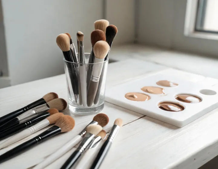 foundation brush supplier on a cosmetics bench, illustration only