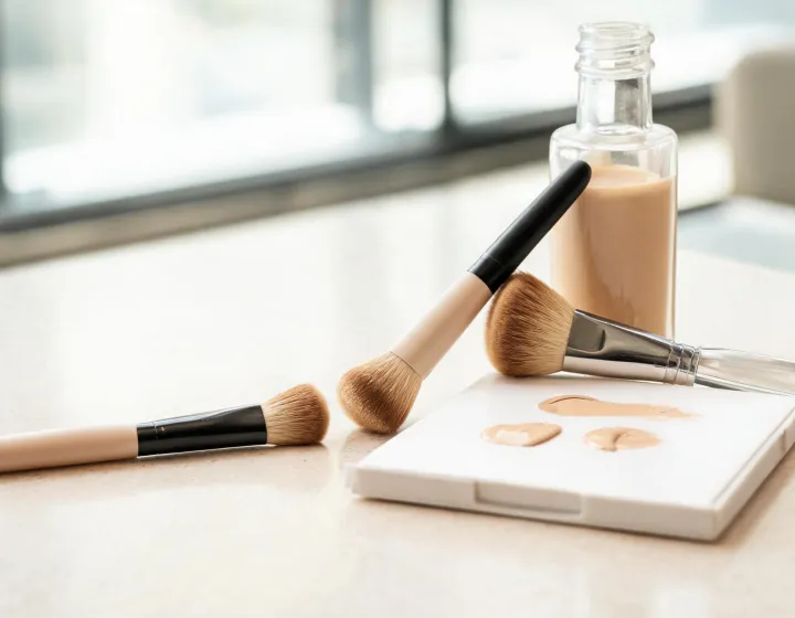 makeup foundation brush on a cosmetics bench, illustration only