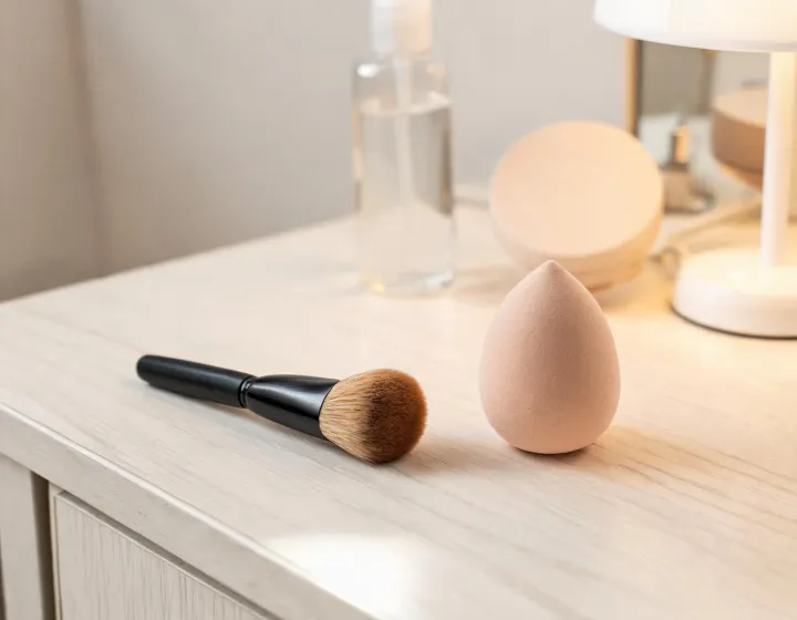 foundation brush vs sponge on a cosmetics bench, illustration only